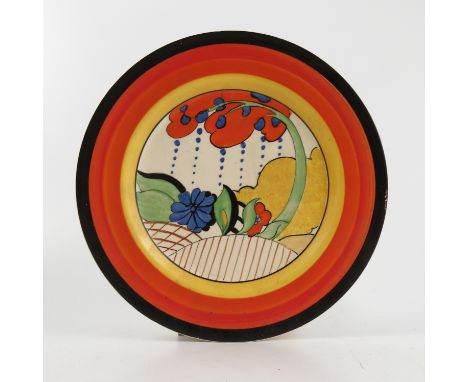 A Clarice Cliff plate, decorated in the Moonlight Bizarre pattern, diameter 9ins Condition report: Condition satisfactory, mi