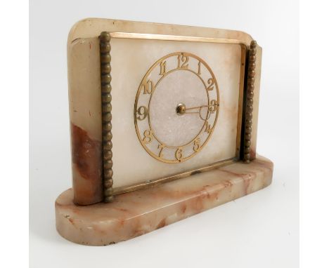 An Art Deco alabaster mantel clock, of rectangular form, with gilt metal mounts, 7ins x 10ins