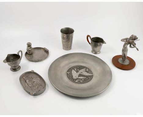 A collection of 20th century pewter, to include a Swedish Ystad Tenn dish, decorated with a figure holding a fish, a Kayserzi