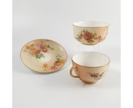 A Royal Worcester blush ivory tea cup and saucer, decorated with flowers, dated 1906, together with a Royal Worcester blush i