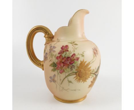 A Royal Worcester blush ivory flat back jug, decorated with flowers, shape number 1094, dated 1905, height 6.75ins