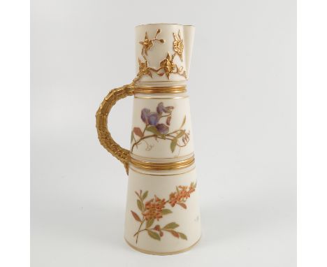 A Royal Worcester ivory claret jug, decorated with flowers, shape number 1047, dated 1891, height 8.25ins