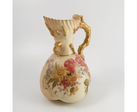 A Royal Worcester blush ivory jug, with coral moulded neck, the quarter lobed body decorated with flowers, shape number 1507,