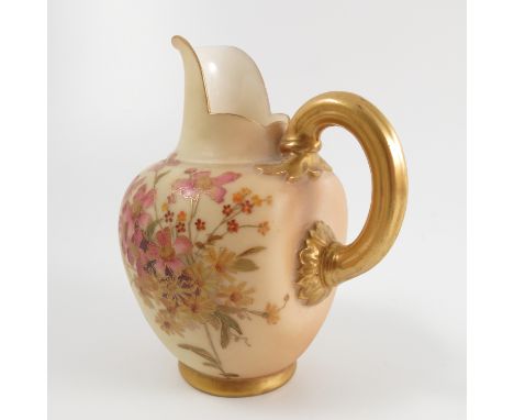 A Royal Worcester blush ivory flat back jug, decorated with flowers, shape number 1094, dated 1899, height 5.25ins Condition 