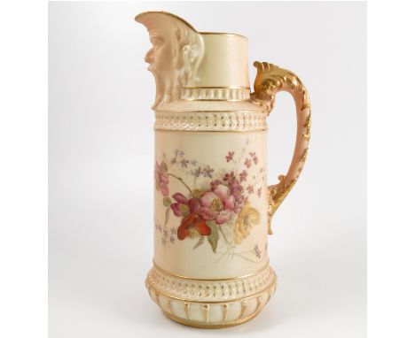 A Royal Worcester blush ivory jug, having a mask spout, decorated with flowers, shape number 1366, dated 1892, af, height 9in