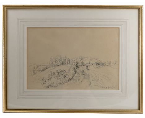 Henry Harris Lines, pencil sketch, Arley Kings, landscape with church, figure and barns, 10ins x 14ins