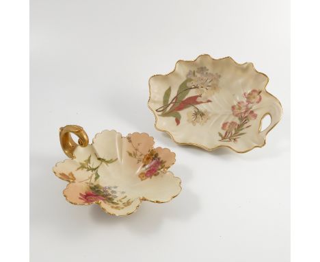 A Royal Worcester blush ivory dish, moulded as a leaf, decorated with flowers, shape number 1404, dated 1902, width 6.25ins, 