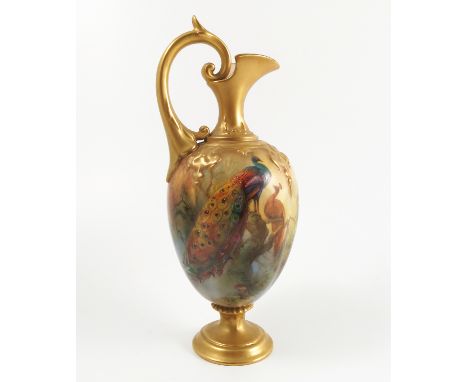 A Royal Worcester pedestal ewer, with gilt neck and handle, the quarter lobed body decorated with peacocks in a pine tree by 