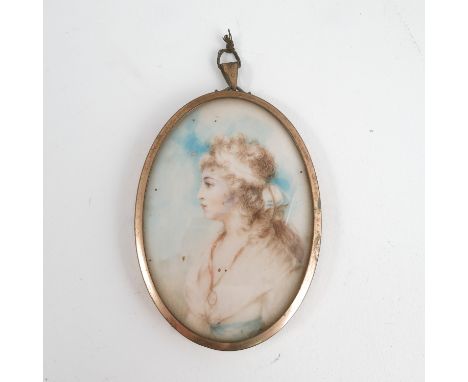An oval portrait miniature, of a girl, with ribbon in her hair and wearing a long necklace, in gilt metal frame, maximum diam