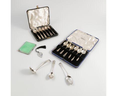 A group of hallmarked silver, to include a silver and enamel cigarette case, af, a walnut opener and various spoons