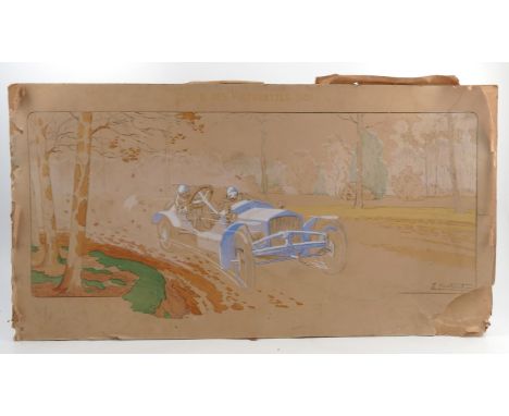 An early 20th century colour print, Coupe des Voiturettes 1906, unframed, af, 16ins x 31ins