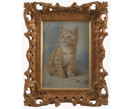 H Stottz, pastel, portrait of a seated ginger cat with toy mouse, 10.75ins x 7.5ins