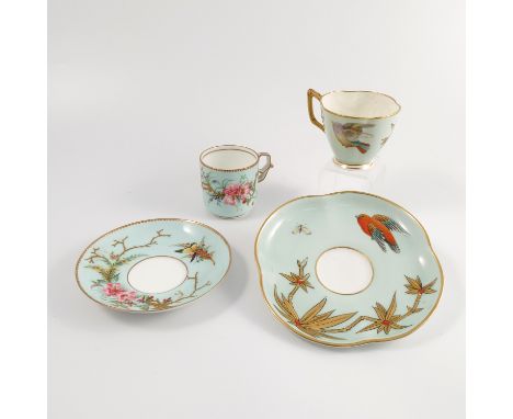A Royal Worcester cup and saucer, together with a Grainger's Worcester cup and saucer, both with turquoise ground and decorat