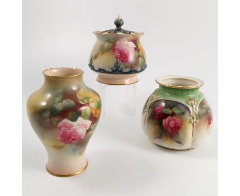 Three Royal Worcester vases, one with cover, all three decorated with roses, shape numbers 2491, H265 and H175, all af  Condi