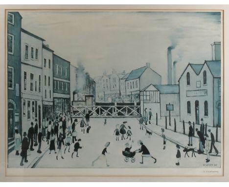 L S Lowry, colour print, British Level Crossing Burton Upon Trent, signed in pencil, 17ins x 23ins (D) Condition report: Fade