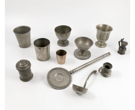 A collection of pewter, to include mugs, tankards, cups, measures, ladle, spoon, sifter etc