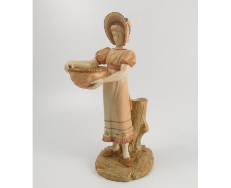 A Royal Worcester blush ivory figure, modelled as a girl wearing a bonnet holding a basket, model number 880, dated 1900, hei