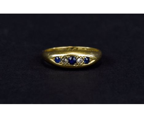 Edwardian - Ladies 18ct Gold Set Diamond and Sapphire Dress Ring, Set with Old Cut Diamonds and Natural Sapphires. Hallmark C