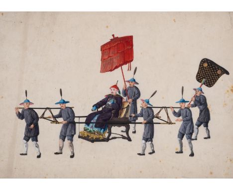 China.- Chinese Export School (19th century) Three scenes: Chinese nobleman on a palanquin; Young family dining at a table; M