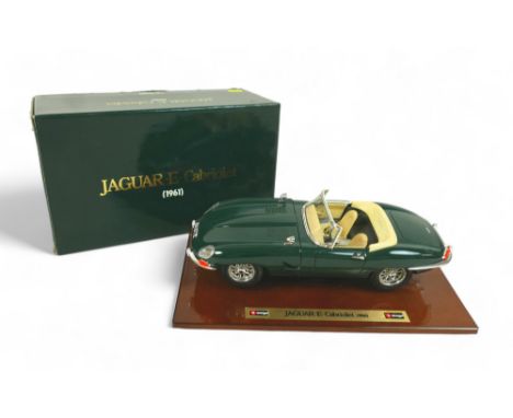 A Bburago scale model car, Jaguar 'E' Cabriolet (1961), model 3516, in green with cream interior and chrome detailing, 25cm l