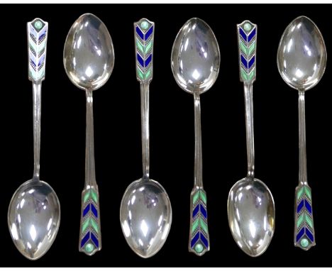 A George V set of six silver and enamel teaspoons, William Hutton &amp; Sons Ltd. Birmingham 1932, 1.7toz, fitted case. 