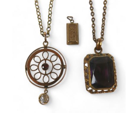 A 9ct gold and ruby circular pendant, on thin gold chain, plus a small 9kt gold ingot pendant, 0.7g, plus gold metal mounted 