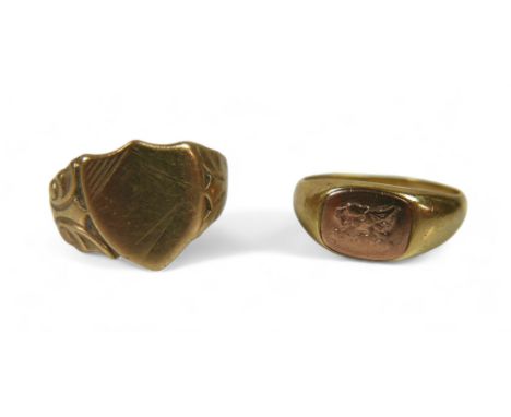 Two 9ct gold signet rings, one with a dragon insignia, 4.8g, and another shield form signet ring, a/f, 3.4g, both size P/Q. (