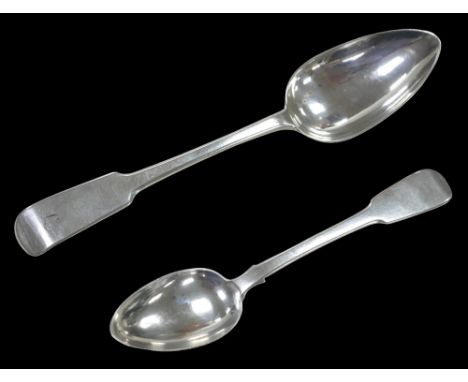 Two George III and later Scottish silver fiddle back pattern spoons, comprising a George III table spoon, with rubbed initial