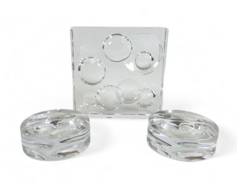 A pair of Baccarat glass jewellery / trinket stands, together with a Daum glass sculpture, 20 by 20 by 5cm. (3) 