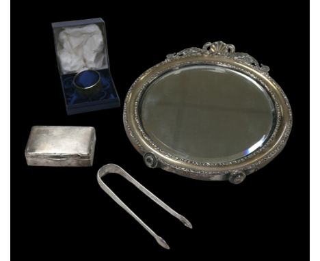 A group of Georgian and later silver, comprising George III sugar tongs, London 1792, a George VI cigarette box, E J Trevitt 