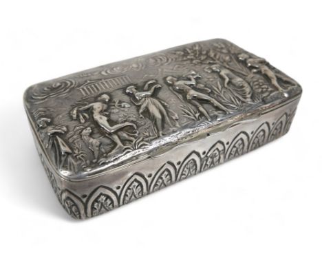 A late 19th century silver ring box, with relief decoration of a mythological scene of people playing instruments, the box op