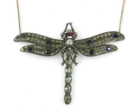 A diamond, sapphire, ruby and aquamarine necklace, formed as a dragonfly, on trace link gold chain, the body made from six ov