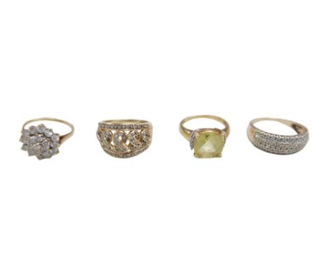Four 9ct gold dress rings, including a diamond cluster ring, size P, 3.9g, another diamond cluster ring with figure of eight 