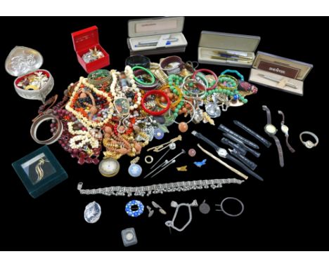 A collection of costume jewellery, including some silver, approximately 1.3toz gross, together with enamel brooches, a gold p