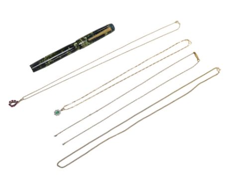 A 14ct gold nibbed pen and jewellery, comprising a 14ct gold nibbed Eversharp fountain pen, with green marble effect case, a 