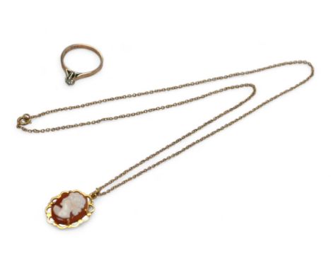 Two pieces of 9ct gold jewellery, a diamond solitaire ring, the round cut stone 3mm diameter, size M, 1.5g, together with a c
