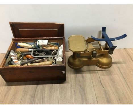 COPPER PLANT TROUGH PAIR OF KITCHEN SCALES GOOD BOX OF SMALL TOOLS AND ACCESSORIES