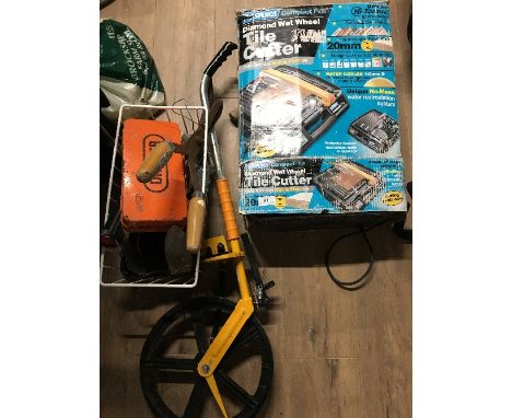 BOXED TILE CUTTER AND WAY WISER AND BASKET OF SHEARS LAST SOCKET SET