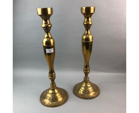 PAIR OF BRASS CANDLESTICKS, along with a set of postal scales, a white metal planter and a pair of wooden lasts and a vintage