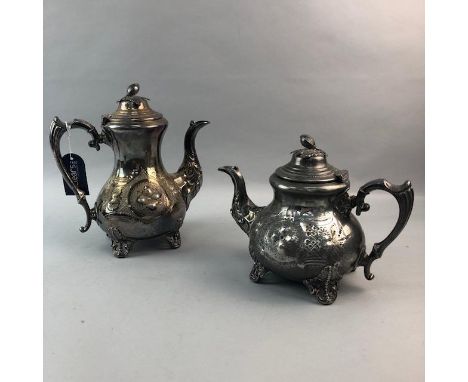 VICTORIAN SILVER PLATED FOUR PIECE TEA AND COFFEE SERVICE, comprising tea pot, coffee pot, sugar and cream, with cast bud and