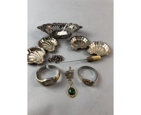 SET OF FOUR TRINKET DISHES, each 7.5cm wide, marked Sterling to underside, along with a silver dish and a collection of other