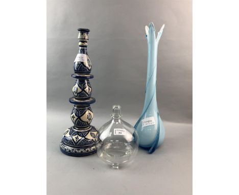 VICTORIAN GLASS FLY CATCHER, 20cm high, along with a tall blue glass vase, Isnik pottery candlestick, chamber pot, Art Deco s