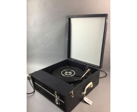 VINTAGE RECORD PLAYER, along with records and a Harrods bag