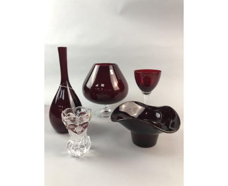 LOT OF RUBY GLASSWARE, including Swedish art glass, vases and drinking glasses, the tallest vase 24.5cm high