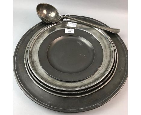 GROUP OF GEORGE III AND LATER PEWTER PLATES, charger and a pewter ladle (6)