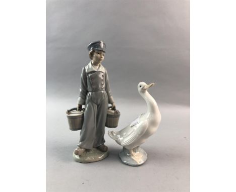 LLADRO FIGURE OF A BOY CARRYING TWO PAILS, 22cm high, along with a Nao figure of a goose (2)