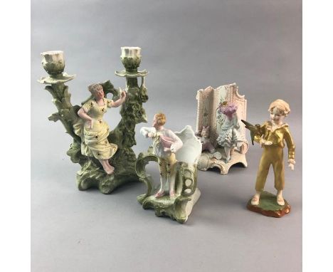 ROYAL WORCESTER FIGURE OF PARAKEET, along with a Continental figure candelabrum and two figural vases (4)
