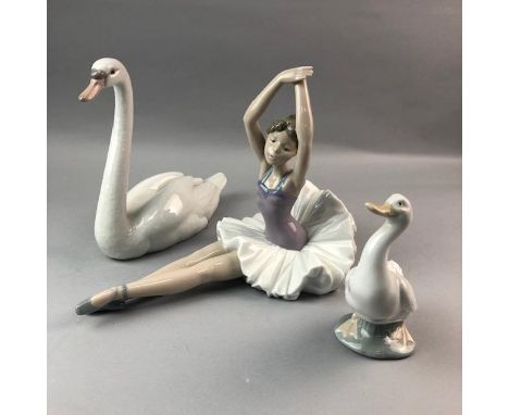 LLADRO MODEL OF A SWAN, 21.5cm high, along with a Nao duck and a Nao ballerina (3)