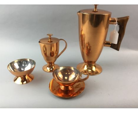 ART DECO ZAMBIA COPPER COFFEE SERVICE, comprising pot, cream, sugar, four cups and six saucers