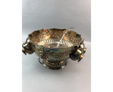 A SILVER PLATED PUNCH BOWL AND CUPS, with ladle, 32cm diameter